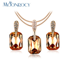 MOONROCY Rose Gold Color Brown Blue Crystal Necklace and Earrings Jewelry Set for Women Girls Geometry Dropshipping Wholesale 2024 - buy cheap
