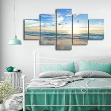 Pintura sobre lienzo para decoración del hogar, arte de playa, mar, Ola, paisaje marino, arte de pared, imágenes para sala de estar, 5 paneles 2024 - compra barato