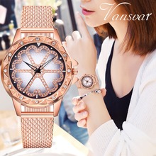 vansvar Hot Fashion Women Rose Gold Plastic Leather Lucky Flower Rhinestone Watch Luxury Ladies Quartz Watch Relogio Feminino 2024 - buy cheap