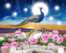 Papel pintado personalizado Beibehang, cielo estrellado, pájaro, pavo real, flor rica, TV abierta, Fondo de pared, sala de estar, dormitorio, papel tapiz 3d 2024 - compra barato