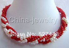 Prett Lovely Women's Wedding Wholesale  >>Beautiful 17" 5-6mm 6row natural white FW pearl and coral necklace Fine Factory direct  2024 - buy cheap