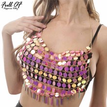 Top metal de verão feminino com corrente, peito sexy de metal, camisa de halter para praia, lantejoulas coloridas, cropped para boate, festa de rainha, sutiã quente 2024 - compre barato