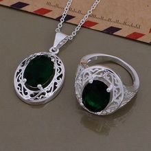 Посеребренные Ювелирные наборы, серебряный ювелирный набор зеленый циркон красивое кольцо ожерелье/CATKUNBY 2024 - купить недорого