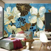 The custom 3D murals,Blue small fresh blooming chrysanthemum oil painting,the living room sofa TV wall bedroom  wallpaper 2024 - buy cheap