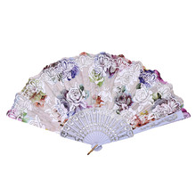 Flower Fans Vintage Rose print Chinese Style Dance Wedding Party hand fans Lace Silk Folding Hand Held Flower Fan abanico 2020 2024 - buy cheap