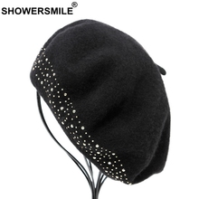 Showersmile boina preta para mulher de lã chapéus artísticos senhoras rebite moda boinas francesas macias feminino lã inverno pintores bonés 2024 - compre barato