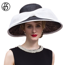 FS-Sombrero de lino negro de verano para mujer, sombrero de, Derby de, para Wome, elegantes vestidos de boda, Sinamay, lazo blanco de ala ancha 2024 - compra barato