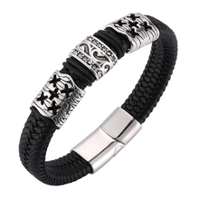 Punk Men Jewelry Black Braided Leather Bracelet with Zircon Stainless Steel Magnetic Clasp Male Bangles Handmade Bracelet SP0089 2024 - buy cheap