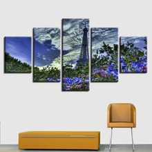 Imágenes de impresión HD, Arte Modular, 5 piezas, azul, rosa, flor y árbol verde, póster, París, escenario de torre, lienzo, decoración de pared 2024 - compra barato