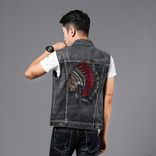 Men's Fashion Denim Vest Black Embroidery Slim fit Jean Waistcoat Spring Autumn Sleeveless Jacket for Male 2024 - buy cheap