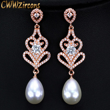 CWWZircons Cubic Zirconia Rose Gold Color Long Pearl Drop Earrings for Women Vintage Ethnic Wedding Bridal Party Jewelry CZ316 2024 - buy cheap