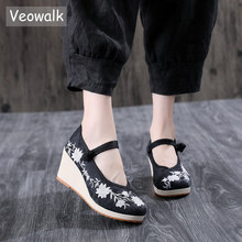 Veowalk-zapatos de plataforma de lona con cuña bordada para mujer, Calzado cómodo de algodón bordado, Estilo Vintage, informales, tacones altos 2024 - compra barato