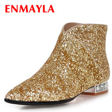 ENMAYLA Glitter Pointed Toe Flats Ankle Boots for Women Black Silver Gold Short Shoes Women Autumn Boots Size 43 White Shoes 2024 - buy cheap