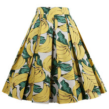 Retro Cotton Banana Floral Print Pleated Skirt High Waist Vintage Skirts Women 50s Audrey Hepburn Style Saias Midi Swing Skirt 2024 - buy cheap