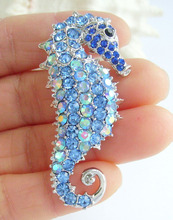 2.16" Silver-tone Blue Rhinestone Crystal Seahorse Brooch Pin Pendant EE02254C13 2024 - купить недорого