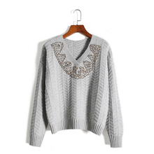 Женский однотонный шерстяной свитер, теплый кашемировый пуловер с V-образным вырезом и бусинами, зима 2018 2024 - купить недорого