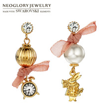 Neoglory Simulated Pearl & Zircon & Fabric Long Drop Earrings Lovely Cute Rabbit & Clock Stylish Party School Daily Gift 2024 - buy cheap