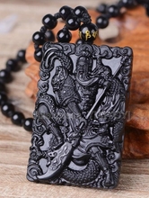 Hermoso trabajo hecho a mano, obsidiana negra Natural tallada, espada de dragón chino GuanGong, colgante de cristal + collar de cuentas, joyería de regalo 2024 - compra barato