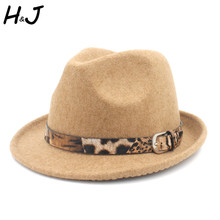 Sombrero de fieltro de lana para hombre Homburg Jazz Fedora para mujer elegante Cashmere Trilby Fedora Jazz con cinturón de leopardo talla 56-58 2024 - compra barato