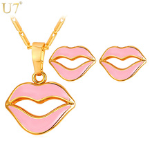 U7-Conjunto de joyería con forma de labios rosas para mujer, Color dorado/plateado, pendientes y collar, regalo para fiesta, S857 2024 - compra barato
