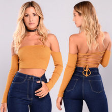 2018 New Sexy Women Off Shoulder Hollow Out Backlesss Cut Out Vest Tank Long Sleeve Ruffle Crop Tops T Shirt 2024 - buy cheap
