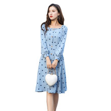 BOBOBKATEER 2018 Primavera Outono Novo Modelo Azul Vestido de Festa O-pescoço Vestido Ocasional Do Escritório Mulheres Coréia Do Joelho-Comprimento Vestido Mulheres 2024 - compre barato