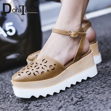 DoraTasia 2019 New Big Size 32-42 Genuine Leather Summer Sandals For Ladies Fretwork 7cm Wedges Casual Sandal Female Shoes Woman 2024 - buy cheap