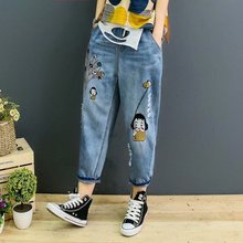 Qpfjqd vestuário feminino bordado, calças jeans com buracos elásticos, calças casuais soltas lavadas 2024 - compre barato