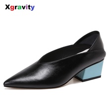 Xgravity-zapatos de tacón medio para mujer, calzado femenino elegante y grueso, con punta en pico, diseño Retro 2024 - compra barato