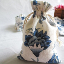 50pcs/lot Chinese Style Blue Flower Jute Drawstring Pouch Burlap Bags Wedding Birthday Party Gift Bags Jewelry Supplies 2024 - buy cheap