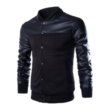 Quality PU Leather Patchwork Stand Men's Coats Outerwear Casual Slim Fit Mens Bomber Jackets Button Windbreaker Baseball Jacket 2024 - buy cheap