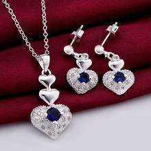 High quality 925 stamped silver plated Fashion Jewelry Set blue Crystal Heart Necklace & Earrings Valentine's Day gift for woman 2024 - buy cheap