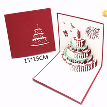 Novo tridimensional criativo 3d vermelho bolo de aniversário cartão oco cartões de felicitações cumprimentos do feriado do negócio 2024 - compre barato