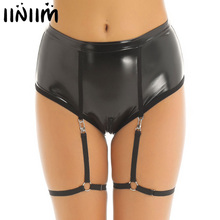 iiniim Womens Lingerie Panties High Waist Zippered Crotch Bikini Briefs Underwear with Leg Garters Band Patent Leather Clubwear 2024 - buy cheap