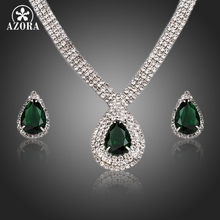 AZORA Gorgeous Dark Green Cubic Zirconia Water Drop Pendant Necklace and Stud Earrings Jewelry Sets TG0156 2024 - buy cheap