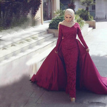 Detachable Muslim Evening Dresses 2019 Sheath Long Sleeves Lace Beaded Islamic Dubai Saudi Arabic Long Formal Evening Gown 2024 - buy cheap