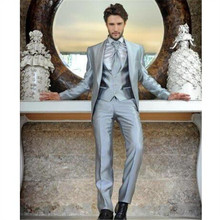 New Silver Satin Wedding Suits For Men 3Pieces(Jacket+Pants+Vest+Tie) Trajes De Hombre Tuxedo Suit Men Blazer Terno Masculino 2024 - buy cheap