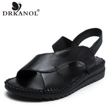 DRKANOL-Sandalias de piel auténtica para mujer, zapatos planos de Gladiador, hechos a mano, con punta abierta, color negro, para verano 2024 - compra barato