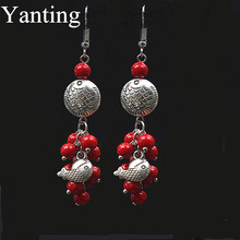 Yanting-pendientes largos bohemios para mujer, aretes de Color tibetano, colgante de pez, cuentas Rojas, aretes de borlas hechos a mano 2024 - compra barato