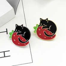 Strawberry Black Cat Brooch Fruit Lazy Kitten Enamel Pin Denim Hat Cute Animal Badge Symbol Men and Women Children's Gifts 2024 - buy cheap