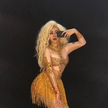 Women New Sexy Gold Tassel Short Dress Sparkling Crystals Nightclub Party Performance Stage Wear Dancer Bling Singer Costumes 2024 - buy cheap