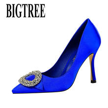 BIGTREE 2019 New Women Pointed Toe High Heel Shoes Woman Pumps Fashion Shallow Crystal Metal Buckle Silk Dress Party Shoes 226-1 2024 - buy cheap