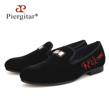 Piergitar 2018 New style Handmade gold metal Men Loafers with heel Embroidery gold bottom party and wedding men velvet shoes 2024 - buy cheap