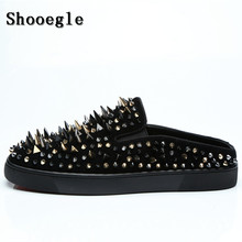 SHOOEGLE Handmade Luxury Spikes Mens Mules Shoes Suede Black Rivets Casual Slippers Men Slides Summer Shoes Size EU38-EU47 2024 - buy cheap