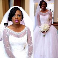 Luxo mangas compridas ballgown africano vestidos de casamento longos grânulos e cristais vestidos de noiva 2024 - compre barato