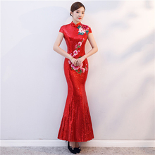 Vestido Cheongsam largo con lentejuelas rojas para mujer, traje Qipao chino moderno, vestido oriental tradicional chino Vintage para boda 2024 - compra barato