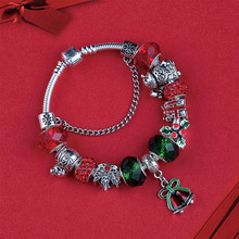 Pulsera de cuentas de cristal rojo y verde, brazalete de Navidad, regalo de joyería, Plata tibetana antigua, campana de Navidad, árbol, muñeco de nieve, hoja 2024 - compra barato