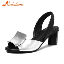 KARINLUNA 2019 New Plus Size 32-44 Metalic Office Lady Summer Sandals High Wide Heels mixed-color Women Brand Shoes Woman 2024 - buy cheap