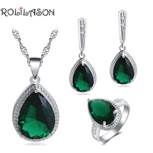 ROLILASON 2018 New Set Water Drop Design   Green Zircon For girl Earrings Necklace Rings Jewelry Sets JS738 2024 - buy cheap