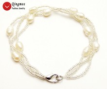 Qingmos Natural Pearl Bracelet for Women with 5-6mm Rice White Pearl & Crystal Handwork Weave 3 Strands Bracelet Jewelry bra431 2024 - buy cheap
